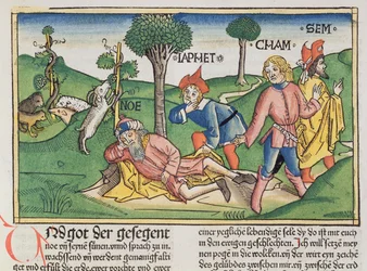 Genesis 9,20-27: Noah wird von seinen Söhnen Sem, Ham und Jafet mit einem Mantel bedeckt, aus der Nürnberger Bibel (Biblia Sacra Germanica)