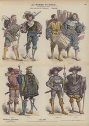 Deutsche Landsknechte (Söldner), frühes 16. Jahrhundert (farbige Gravur)