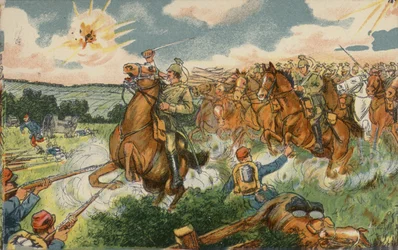 Deutsche Kavallerie unter dem Kommando von Kronprinz Wilhelm greift französische Truppen in der Nähe von Longwy, Frankreich, Erster Weltkrieg an