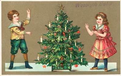 Mädchen und Junge mit Weihnachtsbaum