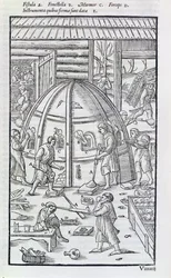 Glashütte, Illustration zeigt den Marmorofen und Glasbläser (Holzschnitt)