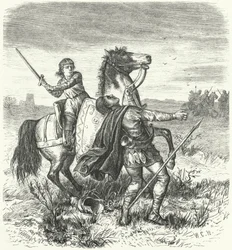Grimoald, der zukünftige König der Langobarden, befreit sich aus der Gefangenschaft der Awaren (Gravur)