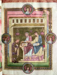 Heinrich III. (1017-56) mit den Aposteln Simon und Judas, aus dem Codex Caesareus Upsaliensis, ca. 1045