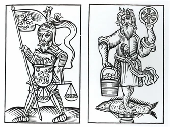 Hermensul oder Irmensul (links) und Crodon (rechts) Idole der alten Sachsen, nach einem Holzschnitt in den Annales Circuli Westphaliae von Herman Stangefol, veröffentlicht 1656