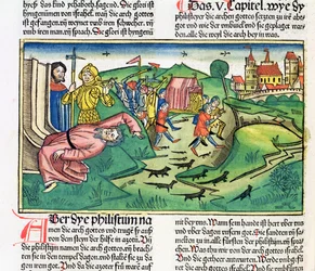 I Samuel 5:1-11: Die Philister erbeuten die Bundeslade und werden von der Pest heimgesucht, aus der Nürnberger Bibel (Biblia Sacra Germanica)