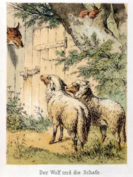 Illustration von Franz Hoffmanns Erzählungen „Märchen und Fabeln - Der Wolf und das Schaf“: Ein Wolf spricht mit den beiden Schafen. Chromolithographie des 19. Jahrhunderts