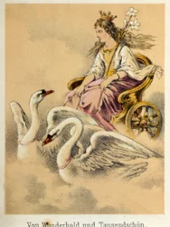 Illustration von Franz Hoffmanns Erzählungen „Märchen und Fabeln - Von Wunderhold und Tausendschön“: Ein Wagen, der eine Göttin trägt, gezogen von 2 Schwänen. Chromolithographie des 19. Jahrhunderts