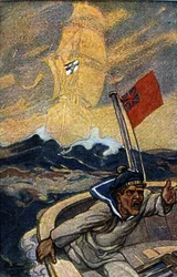 Illustration deutscher Propaganda aus der Zeitschrift Jugend während des 1. Weltkriegs. Ein englischer Seemann wird durch das Erscheinen eines Geisterschiffs, das die Flagge des Reiches führt, terrorisiert