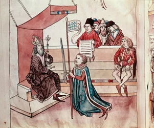 Investitur eines Ritters. Miniatur aus der „Chronik des Konstanzer Konzils“ von Ulrich Richental (1360-1437), um 1438, Prag, Nationalbibliothek
