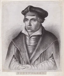 Johannes Bugenhagen (Doctor Pomeranus), deutscher Priester und Theologe, der die protestantische Reformation nach Pommern und Dänemark brachte (Stich)