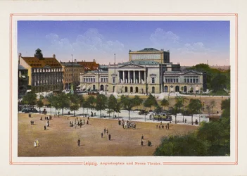 Leipzig, Augustusplatz und Neues Theater (Farblithografie)