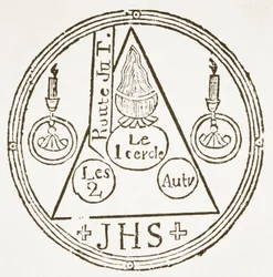 Magischer Kreis, Kopie einer Illustration aus Dreyfacher Hollenzwang von Dr Faustens, Passau 1407, Reproduziert in Das Kolster Vol V, von J Scheible, 1845, verwendet in einer Geschichte der Magie, veröffentlicht Ende des 19. Jahrhunderts