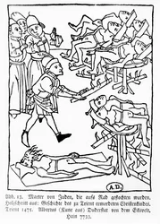 Martyrium von Juden auf dem Rad, aus der Geschichte des in Trient ermordeten christlichen Kindes, veröffentlicht 1475 in Trient von Albertus Kune