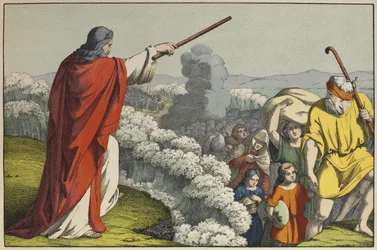 Moses teilt die Wasser des Roten Meeres, Illustration aus dem Alten Testament, veröffentlicht von Jakob Ferdinand Schreiber, Esslingen (Farbstich)