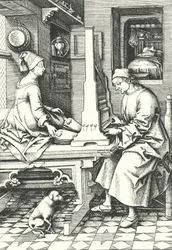 Musiker spielen eine Orgel in einem Landhaus im 15. Jahrhundert