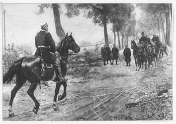 Otto von Bismarck und Napoleon III. treffen sich am 2. September 1870 an der Chaussee von Donchery (Stich)