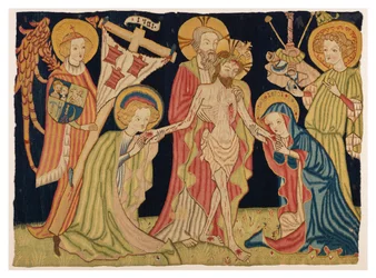 Teil eines Altartuch-Wandteppichs, der die Heilige Dreifaltigkeit, die Jungfrau, St. Johannes und zwei Engel darstellt, aus Nürnberg, ca. 1420