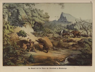 Menschen und Tiere des prähistorischen Europas (Farblithografie)