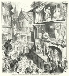 Aufführung eines Passionsspiels im Mittelalter