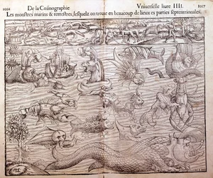 Tafel, die alle Arten von Meeres- und Landmonstern darstellt, die in nördlichen Regionen gefunden wurden: Xylographie aus Sebastien Münsters „Universal Cosmography“. Basel