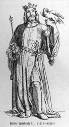 Porträt von Friedrich II. von Hohenstaufen (1194-1250), König des Heiligen Römischen Reiches. Gravur in „Kaiser, König und Papst“ von Richard Roth