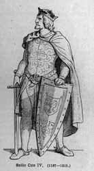Porträt von Otto von Braunschweig (1174/1182-1218), deutscher römischer Kaiser und König von Italien. Gravur in „Kaiser, König und Papst“ von Richard Roth