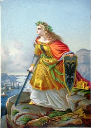 Postkarte, die Germania und den Rhein darstellt, ca. 1860