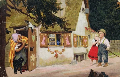 Postkarte, die die Hexe zeigt, wie sie Hänsel und Gretel einlädt, das Lebkuchenhaus zu betreten, ca. 1910