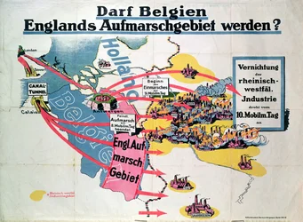 Plakat, das die deutsche Angst vor dem geplanten Bau eines Kanaltunnels zwischen Belgien und England ausdrückt, ca. 1914-18