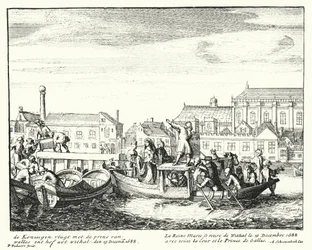 Königin Maria, Gemahlin von König Jakob II., flieht mit dem Prinzen von Wales und ihrem gesamten Hof aus England, Dezember 1688 (Gravur)