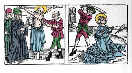 Darstellung des Martyriums der heiligen Seraphia (Serapia) (Seraphia von Syrien), Christin des 2. Jahrhunderts. Gravur aus „Leben der Heiligen - Sommerteil“ (Das Buch der Heiligen) von Jacobus (Jakob) von Voragine (1228-1298). Lübeck 1488.