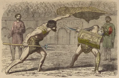 Römische Gladiatoren: ein Retiarius kämpft gegen einen Samniten