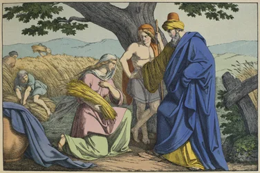 Ruth und Boas, Illustration aus dem Alten Testament, veröffentlicht von Jakob Ferdinand Schreiber, Esslingen (Farbstich)