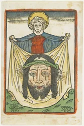 Die heilige Veronika mit dem Schweißtuch, ca. 1475 (handkolorierter Holzschnitt)