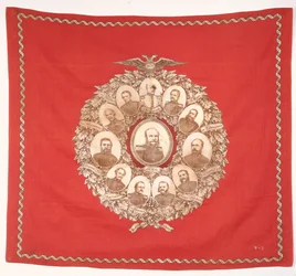 Schal mit Darstellung des deutschen Kaisers Wilhelm I. (1797-1888) umgeben von Bismarck und siegreichen Marschällen zur Feier des Deutsch-Französischen Krieges, 1870