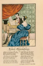 Szene zeigt ein Paar am Klavier, mit einem Liebesgedicht darunter, aus Neuruppiner Bilderbogen, 1850