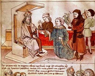 Sigismund I. von Luxemburg (1368-1437), Kaiser des Heiligen Römischen Reiches, empfängt den Tribut der unterworfenen Völker. Miniatur aus „Chroniken des Konzils von Konstanz“ von Ulrich Richental (1360-1437) um 1438, Prag, Nationalbibliothek