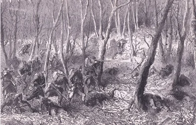Scharmützel im Wald außerhalb von Paris, Cassells Geschichte des Krieges zwischen Frankreich und Deutschland, veröffentlicht von Cassell und Company Limited, ca. 1890