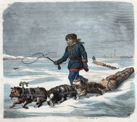 Schlittenhund im Schnee von Amerika. In „Wenn Jemand eine Reise tut, so kann er was erzählen“, deutsche Erzählung von Franz Wiedemann