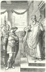 Der heilige Ambrosius verwehrt dem römischen Kaiser Theodosius I. den Eintritt in den Mailänder Dom als Strafe für das Massaker von Thessaloniki, 390