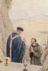 Der heilige Franziskus feiert die Messe mit Bruder Leo