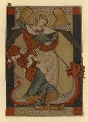 Erzengel Michael besiegt Satan, dargestellt als Drache