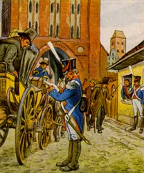 Stadtsoldaten am Tor (Farblithografie)