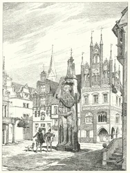 Statue von Roland, errichtet 1404 vor der Kathedrale in Bremen, Deutschland (Gravur)