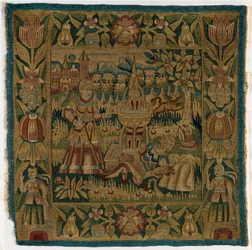 Wandteppichkissenbezug, der Pyramus und Thisbe darstellt, hergestellt in Hamburg, Deutschland, ca. 1615