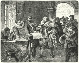 Der Heilige Römische Kaiser Rudolf II. gewährt den böhmischen Protestanten größere Religionsfreiheit in seinem Majestätsbrief