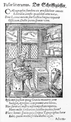 Der Briefplattenmacher, veröffentlicht von Hartman Schopper (Holzschnitt)