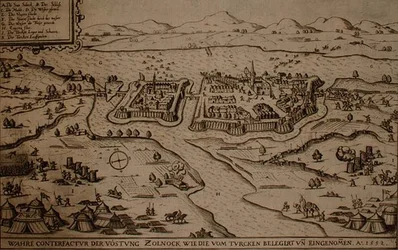 Die Belagerung von Zolnock durch die Türken 1552, Illustration aus einem Buch über die osmanischen Feldzüge in Europa, gestochen von Paul Furst