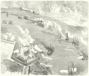 Die Union-Flotte greift Fort Jackson und Fort St. Philip, Louisiana, Amerikanischer Bürgerkrieg, 1862 an