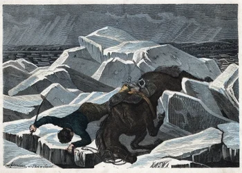 Der Sturz von Graf Sandor und seinem Pferd auf dem gebrochenen Eis der Donau. In „Wenn Jemand eine Reise tut, so kann er was erzählen“, deutsche Erzählung von Franz Wiedemann